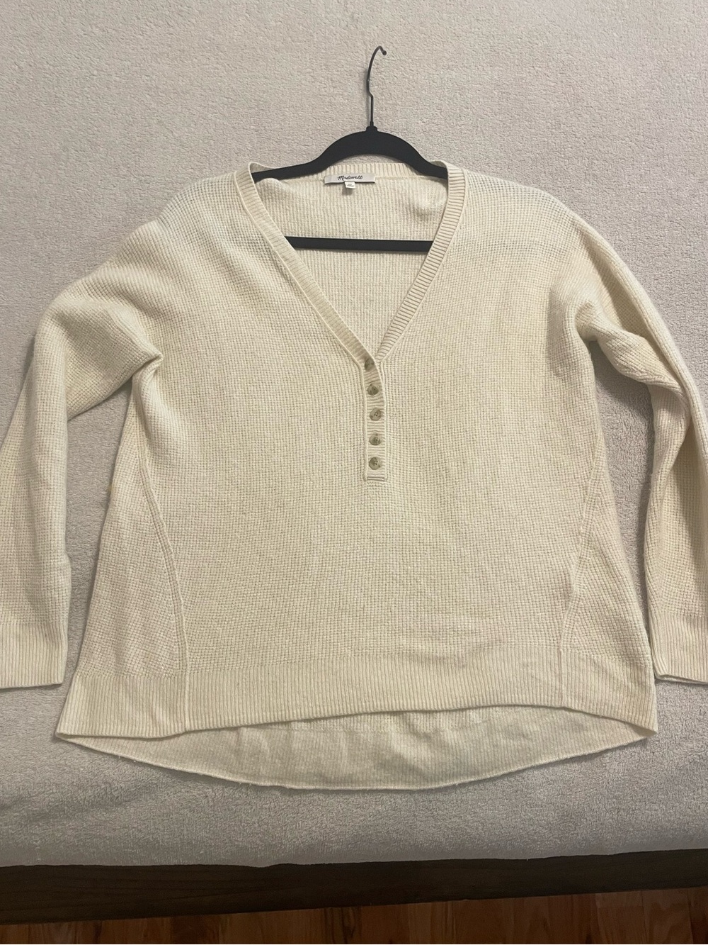 Madewell Women's Cream V-Neck Button Pullover Sweater waffle knit preppy fall